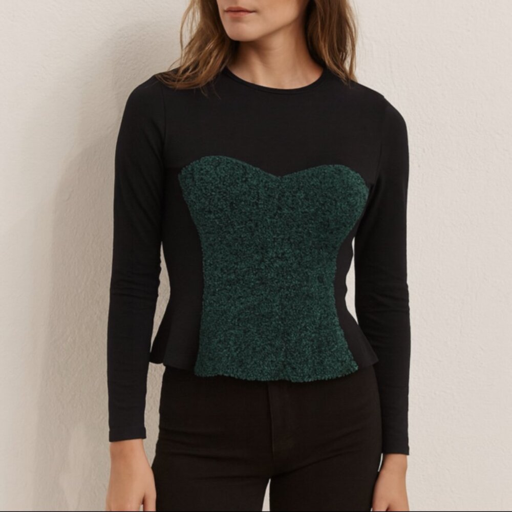 Toga Pulla Black Green Textured Top Japanese Designer Avant-Garde, Size 1(XS)